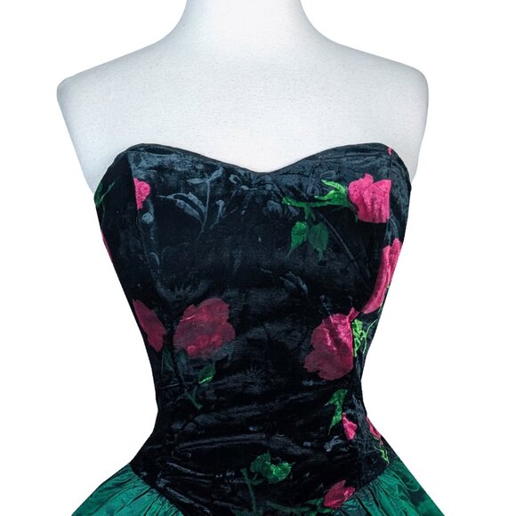 Vintage 80s CORSET Rose Floral Black Velvet Strapless Green Prom Party Dress S - Picture 16 of 16